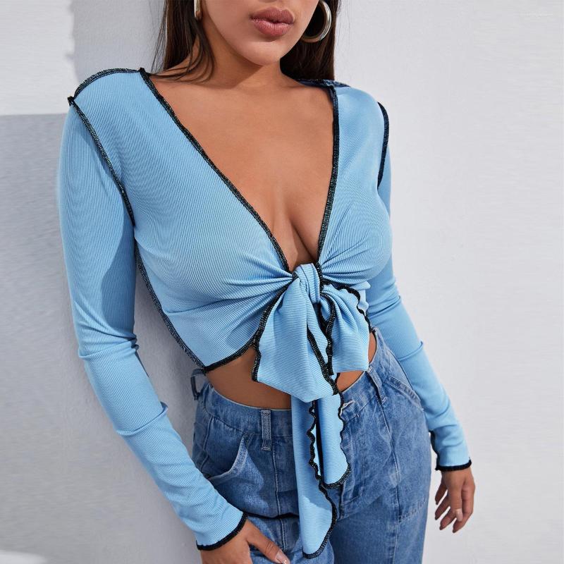 Women' Knits Deep V-neck Chest Lace-up With Crop Short Style Knit T-shirt Top Long Sleeve Sweater Women, Blue
Women' Knits Deep V-neck Chest Lace-up With Crop Short Style Knit T-shirt Top Long Sleeve Sweater Women, Blue