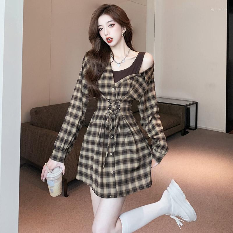 Casual Dresses Vintage Plaid Dress Women' Clothing Spring Autumn Off Shoulder Fake Two A-line Slim Short Fp796
Casual Dresses Vintage Plaid Dress Women' Clothing Spring Autumn Off Shoulder Fake Two A-line Slim Short Fp796