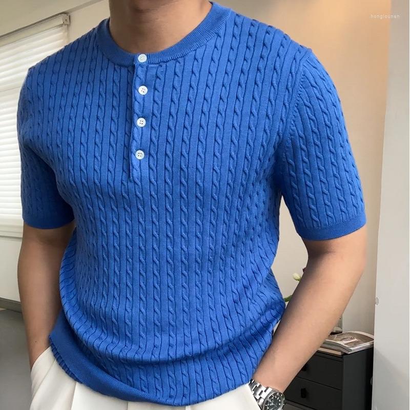 Men's T Shirts 2023 Summer Casual Slim Lapel Tees Knit Breathable Polo Jacquard Pattern Camisa Hombre British Men's Shirt Mannen, Blue