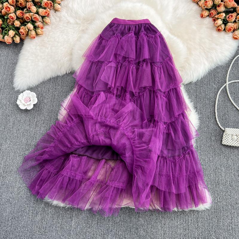 Skirts Purple Layered Ruffles Long Tulle Women 2023 Spring Summer Irregular High Waist Sweet Mesh Midi Pleated Skirt Female, Petticoat 
Skirts Purple Layered Ruffles Long Tulle Women 2023 Spring Summer Irregular High Waist Sweet Mesh Midi Pleated Skirt Female, Petticoat