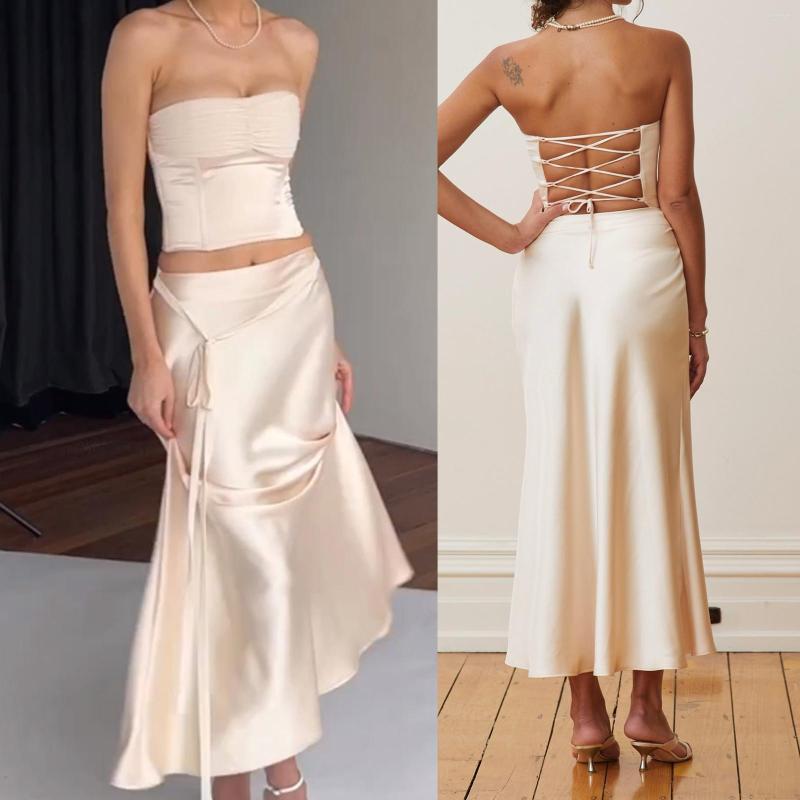 Two Piece Dress Solid Satin Silk Long Skirt Spaghetti Strap Top Set Women Sleeveless Tank Camisole Korean Style 2023, White
Two Piece Dress Solid Satin Silk Long Skirt Spaghetti Strap Top Set Women Sleeveless Tank Camisole Korean Style 2023, White