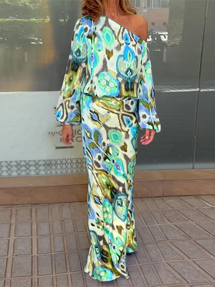 Two Piece Dress Printed Off Shoulder Long Sleeve Top Skirt 2 Piece Set Women Fashion Fishtail Long Skirt Suit Autumn High Waist Skirts 230603