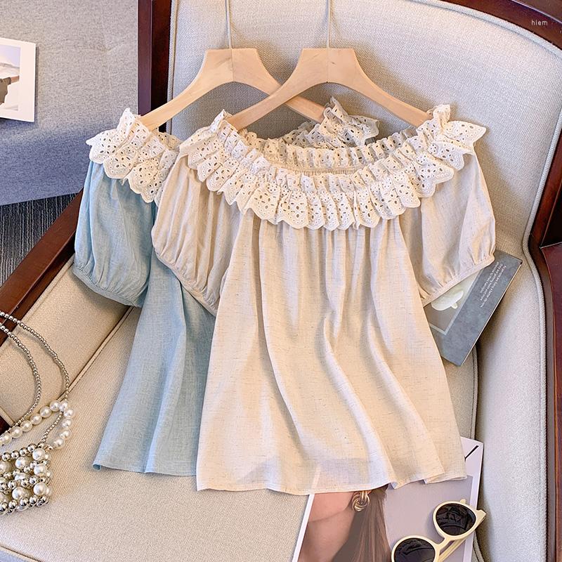 Women's Blouses Women's Lace Ruffled One Line Collar Shirt Summer Chic Temperament Round Neck Female Short Sleeved Pullover Tops, Blue