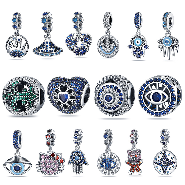 925 Sterling Silver Charm S925 Snake Magic Eye Palm Hanging Beaded Bracelet Accessory Kitty Cat Color Full Drill Fashion