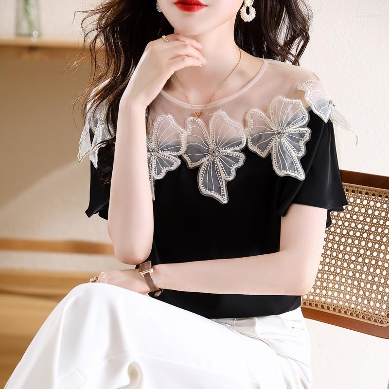 Women' Blouses 2023 Summer Women' Blouse Casual Round Neck Mesh Splicing Beaded Stereo Flower Short Sleeved Satin Shirt, Black
Women' Blouses 2023 Summer Women' Blouse Casual Round Neck Mesh Splicing Beaded Stereo Flower Short Sleeved Satin Shirt, Black
