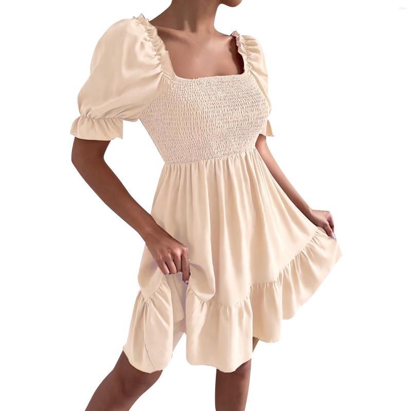 Casual Dresses Women Solid Color Elegant Dress Puff Sleeve Short Sleeves Mini High Waist Elastic Tight Style Layer Ruffle