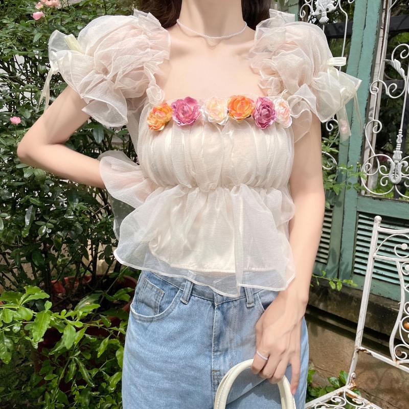 Women's Blouses Fairy Flower Mesh Women Short Blouse Cute Puff Sleeve Elastic Waist Sweet Blusa Summer Chiffon Slash Neck Top, As photo
Women's Blouses Fairy Flower Mesh Women Short Blouse Cute Puff Sleeve Elastic Waist Sweet Blusa Summer Chiffon Slash Neck Top, As photo