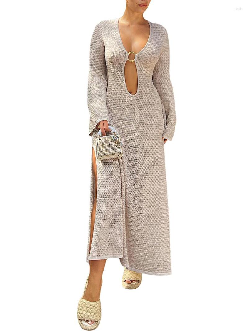 Casual Dresses Ladies Knitted Dress Long Sleeves V Neck Hollow Solid Color Fashion Beach Cover Up See Through Slit, Beige
Casual Dresses Ladies Knitted Dress Long Sleeves V Neck Hollow Solid Color Fashion Beach Cover Up See Through Slit, Beige