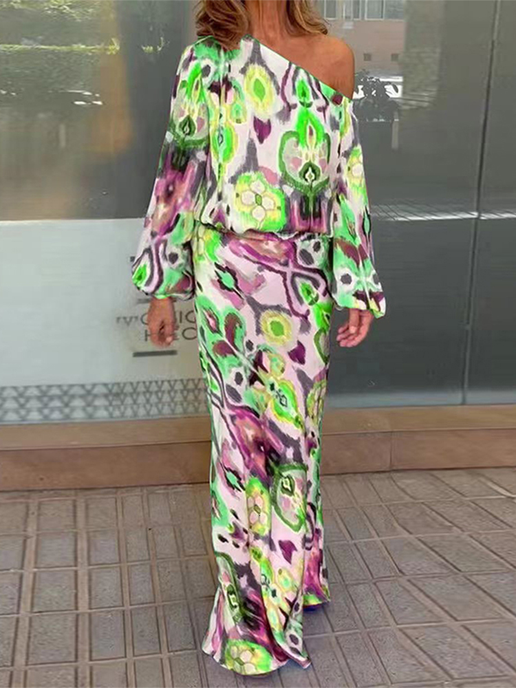 Two Piece Dress Printed Off Shoulder Long Sleeve Top Skirt 2 Piece Set Women Fashion Fishtail Long Skirt Suit Autumn High Waist Skirts 230603