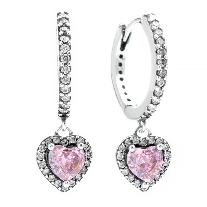 Sparkling Halo Heart Hoop Earrings Real Sterling Silver Wedding Earring Jewelry For Women Pink Crystal Diamond earring with Retail Box