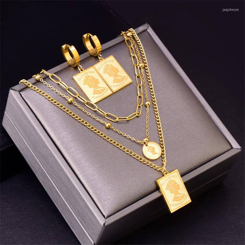 Necklace Earrings Set 316L Stainless Steel Hip Hop Style Three-layer Clavicle Chain Round Pendant Figure Square Earring Color Preserving, Picture shown
Necklace Earrings Set 316L Stainless Steel Hip Hop Style Three-layer Clavicle Chain Round Pendant Figure Square Earring Color Preserving, Picture shown