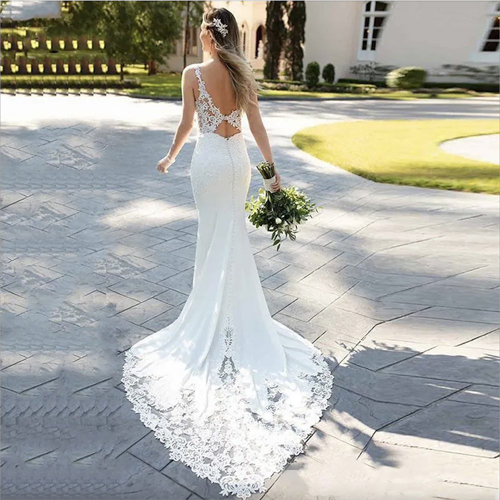 2023 Beach Wedding Dresses Bridal Gown Spaghetti Straps Mermaid Lace Applique Sweep Train Backless Custom Made Vestido de novia 0509