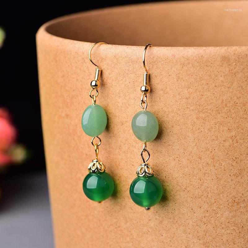 

Dangle Earrings Green Jade Beaded Fashion Gemstones Women Luxury Jewelry Amulet Natural Charm 925 Silver Charms Vintage Amulets Carved