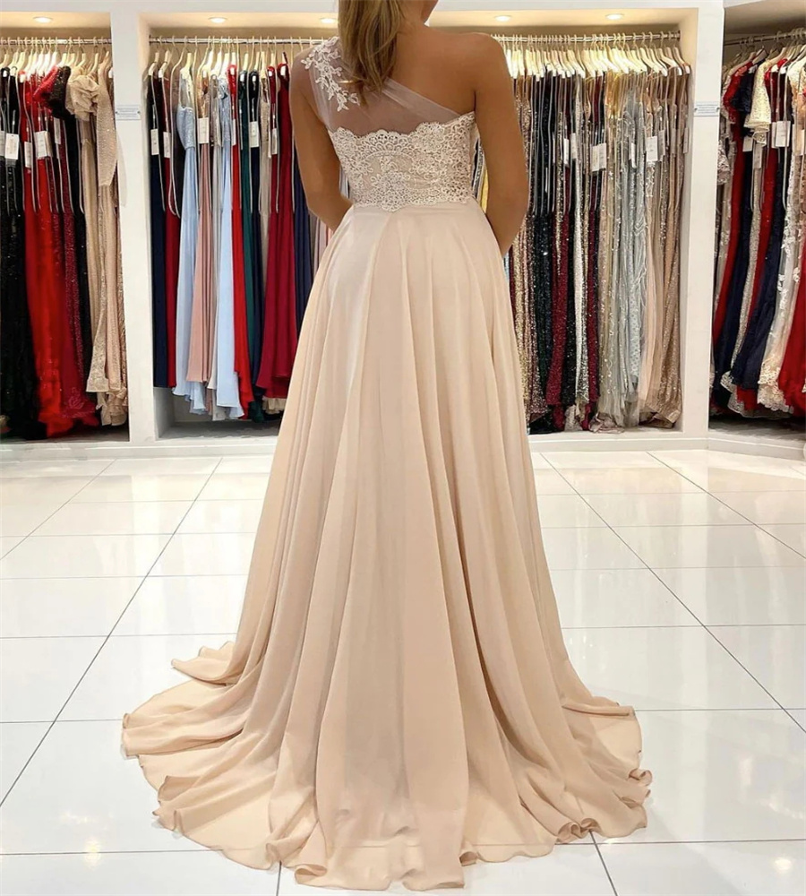 One Shoulder Champagne Prom Dress With Slit Sexy Floor Length Chiffon Boho Evening Dress Lace Simple Formal Party Dinner Gowns 2023 robe de soiree ves