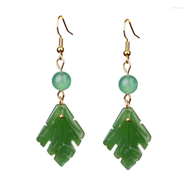 

Dangle Earrings Green Jade Leaf Amulets Amulet Women Luxury Talismans Carved 925 Silver Gifts Accessories Gift Jewelry Natural Drop