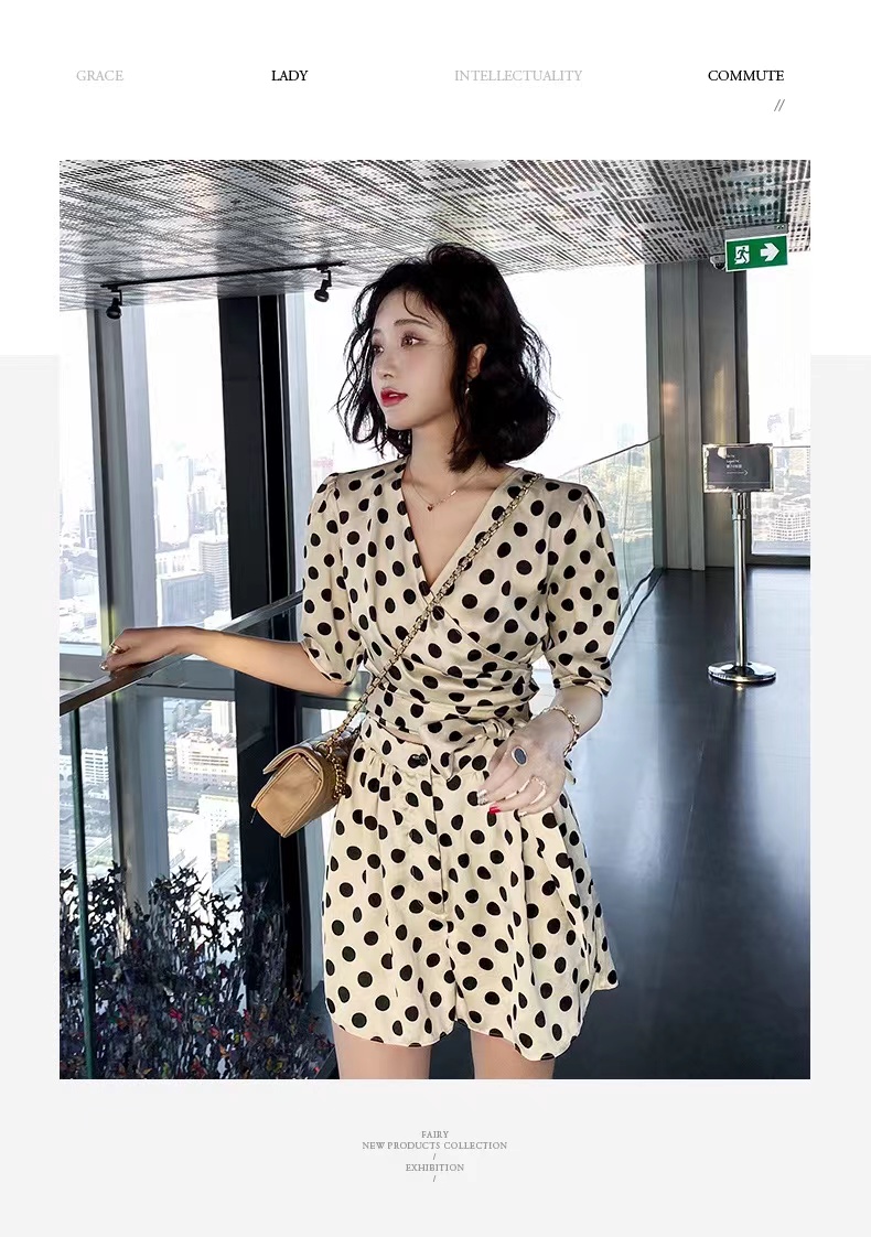 Womens polka dots dotted short sleeve v-neck sashes top and shorts twinset 2 pc pants suit SMLXL