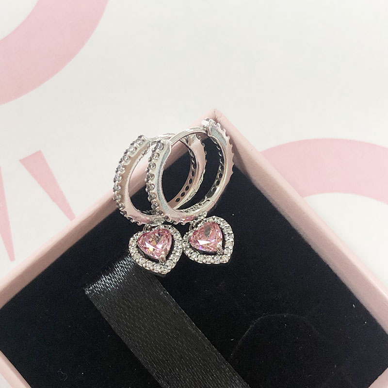 Sparkling Halo Heart Hoop Earrings Real Sterling Silver Wedding Earring Jewelry For Women Pink Crystal Diamond earring with Retail Box