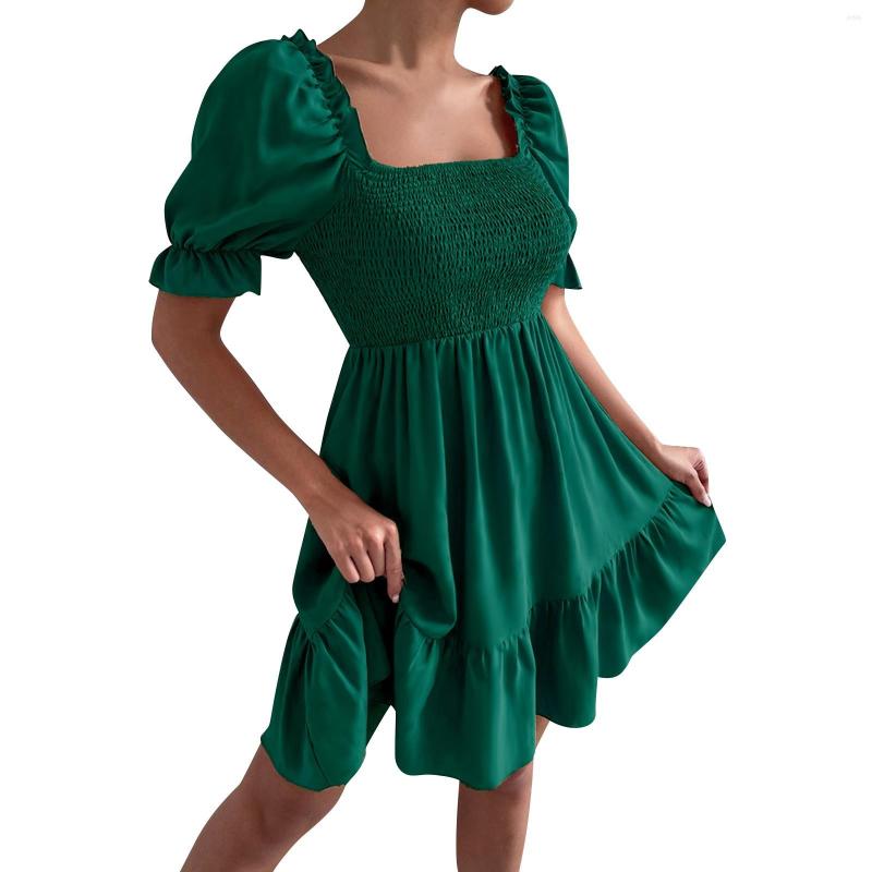 Casual Dresses Women Solid Color Elegant Dress Puff Sleeve Short Sleeves Mini High Waist Elastic Tight Style Layer Ruffle