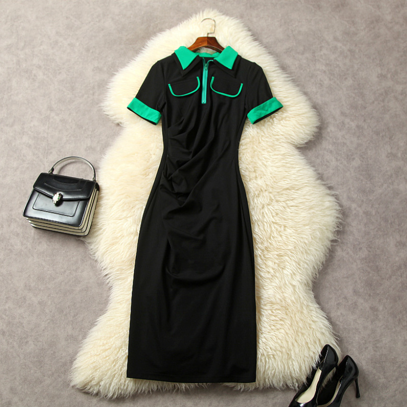 Summer Black Green Draped Zipper Dress Contrast Color Short Sleeve Lapel Neck Cotton Panelled Midi Casual Dresses L3A162310
Summer Black Green Draped Zipper Dress Contrast Color Short Sleeve Lapel Neck Cotton Panelled Midi Casual Dresses L3A162310