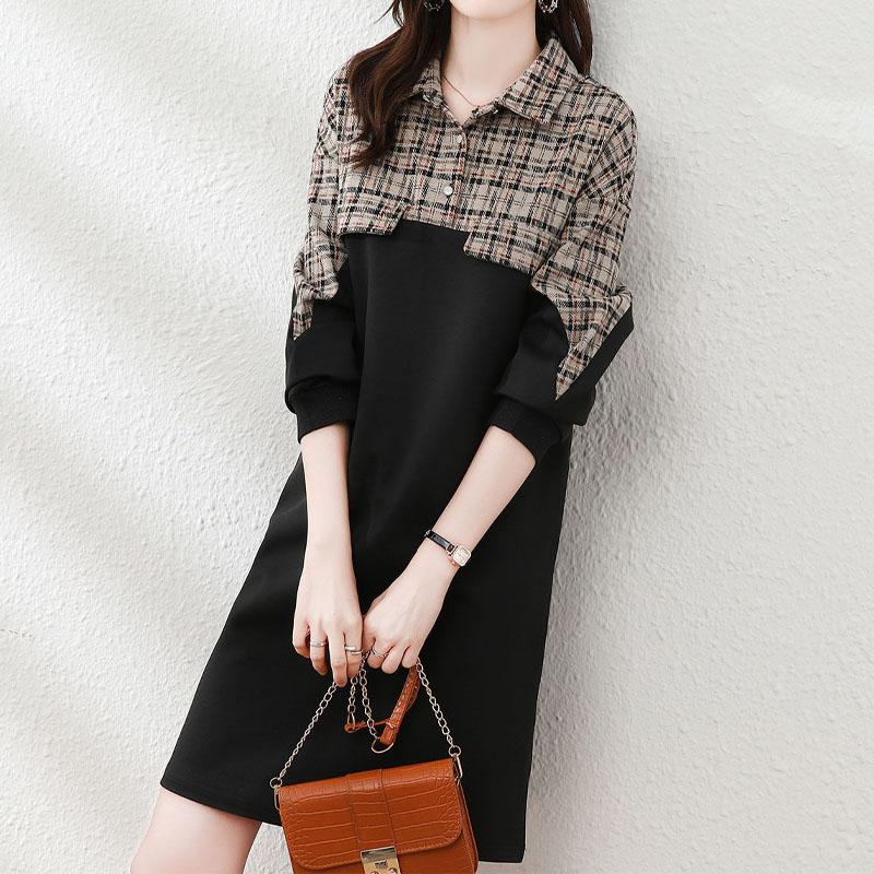 

Dresses Women' Plaid Spliced Long Sleeve Dresses 2022 Autumn New Fashion Female Clothing Commute Turndown Collar Loose Allmatch Dress, Black