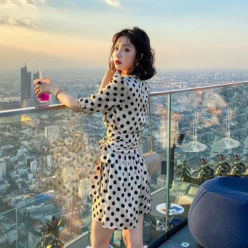 Womens polka dots dotted short sleeve v-neck sashes top and shorts twinset 2 pc pants suit SMLXL