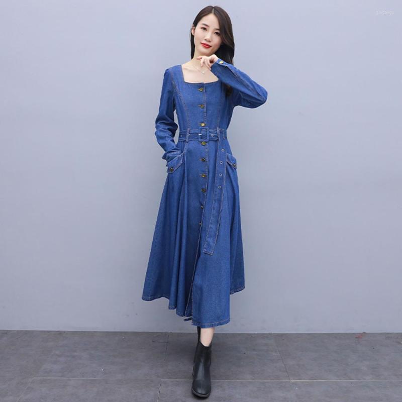 Casual Dresses Spring Autumn Women Jeans Single Button Collect Waist Slim Pockets Belt Sashes For Females Denim One-Piece, Blue
Casual Dresses Spring Autumn Women Jeans Single Button Collect Waist Slim Pockets Belt Sashes For Females Denim One-Piece, Blue
