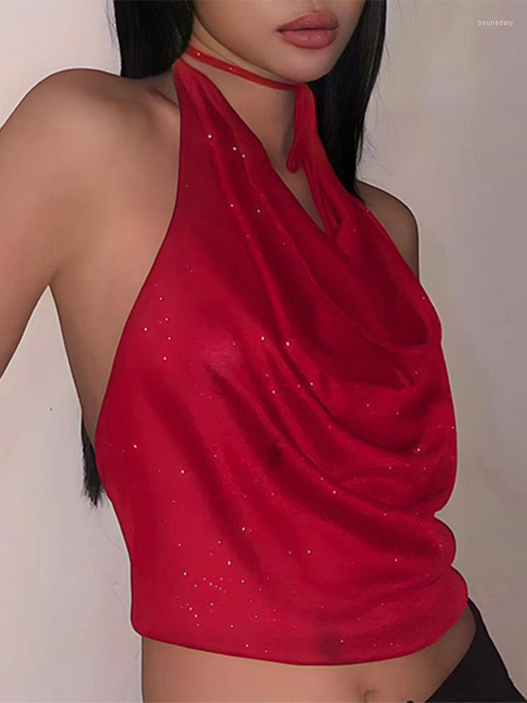 Women's Tanks Satin Halter Backless Pure Color Folds Draped Sexy Crop Caims Top Summer Women Fashion Streetwear Party Club ASVE86764, Red 
Women's Tanks Satin Halter Backless Pure Color Folds Draped Sexy Crop Caims Top Summer Women Fashion Streetwear Party Club ASVE86764, Red