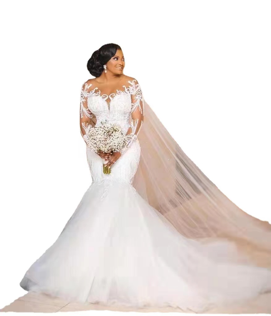 Size Mermaid Plus Wedding Aso Ebi Sheer Neck Bride Dress Long Sleeves Sexy Dresses African Arabic Charming Train Formal Bridal Gowns Es 6660311