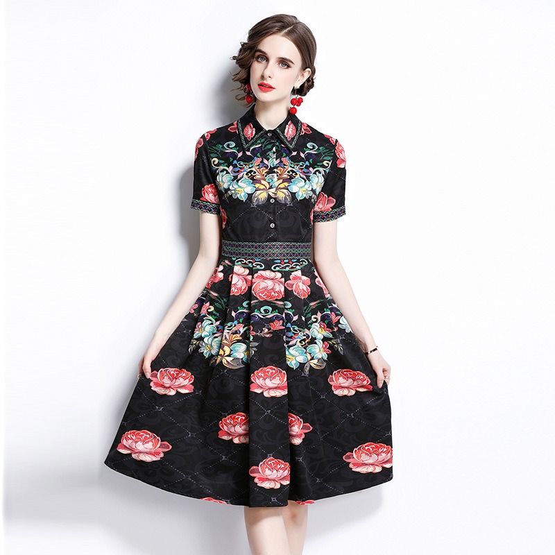 Summer Fashion Women's A-Line Dress - Basic & Casual Dresses, Short Sleeve Lapel Neck, Floral Print, Mid-Calf Length - Black, Sizes , XL, L, M 
Summer Fashion Women's A-Line Dress - Basic & Casual Dresses, Short Sleeve Lapel Neck, Floral Print, Mid-Calf Length - Black, Sizes , XL, L, M