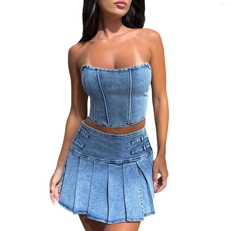 Two Piece Dress Women' Summer 2PCS Outfit Sets Sleeveless Off Shoulder Bandeau Pleated Denim Skirt, Blue 
Two Piece Dress Women' Summer 2PCS Outfit Sets Sleeveless Off Shoulder Bandeau Pleated Denim Skirt, Blue