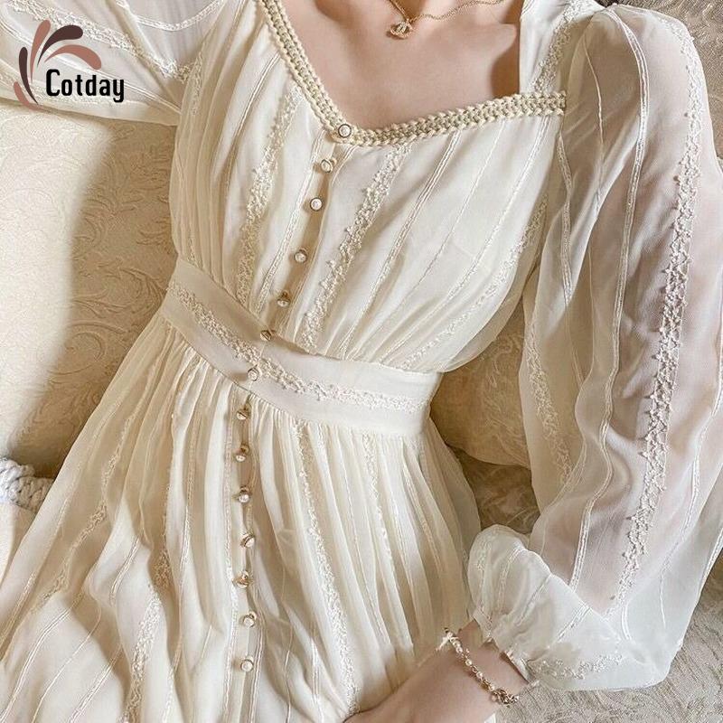 Dresses Cotday Beige Puff Sleeve Beading French Vintage Elegant Long Fairy Square Neck Casual Party Autumn Aline Long Women's Clothing
Dresses Cotday Beige Puff Sleeve Beading French Vintage Elegant Long Fairy Square Neck Casual Party Autumn Aline Long Women's Clothing