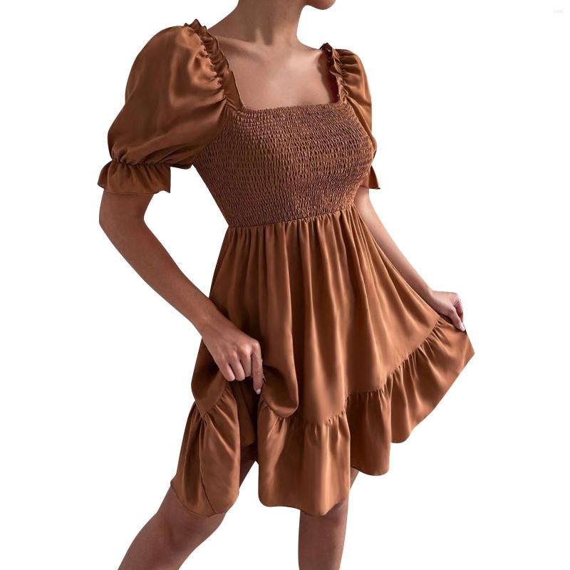 Casual Dresses Women Solid Color Elegant Dress Puff Sleeve Short Sleeves Mini High Waist Elastic Tight Style Layer Ruffle