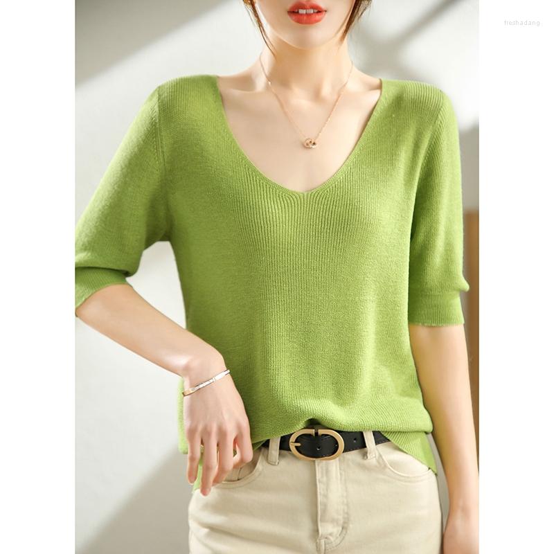 Women's T Shirts Summer Fashionable Tees Half-sleeved Women V-neck Sweater Silk Blend Solid Color Pullover T-shirt Knitted Base Casual, Black
Women's T Shirts Summer Fashionable Tees Half-sleeved Women V-neck Sweater Silk Blend Solid Color Pullover T-shirt Knitted Base Casual, Black
