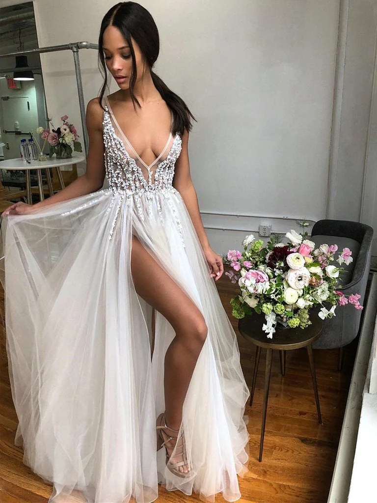 Sexy Garden New Beach Wedding Dresses Deep V Neck Side Split Robe De Soiree Backless Long Boho Brdial Gowns BC