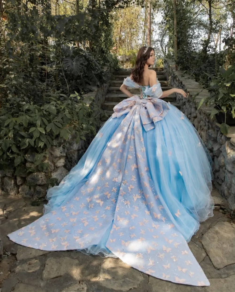 Blue Pink Butterflies Off The Shoulder Dresses Ball Birthday Dress Graduation Gown With Bow Quinceanera De 6660306
