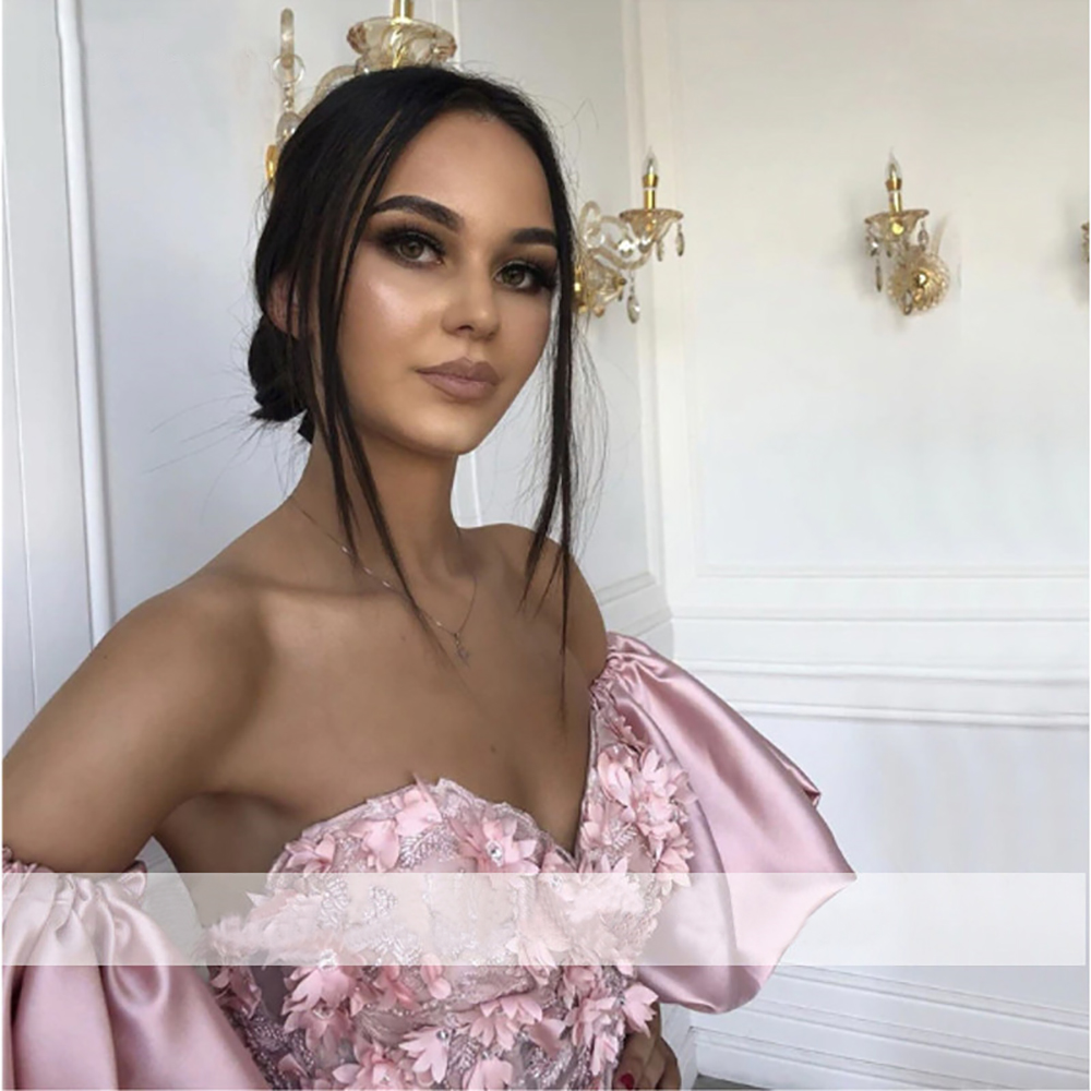 Smileven Pink Sweetheart Neck caftan Evening Dresses Flowers Full Sleeve Arabic Special Occasion Dresses Evening Party Gowns