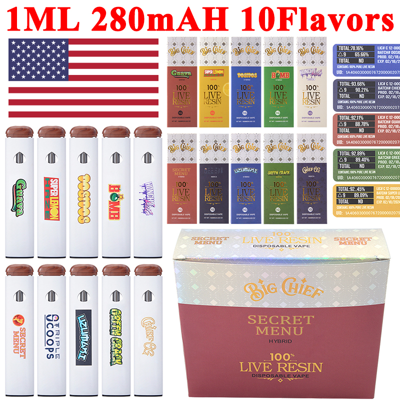USA STOCK 10 Flavors Big Chief Disposable Vape Pens Empty 1ml 1000mg Live Resin Pods Rechargeable 280mAh Battery For Thick Oil E Cigarettes USB Charger Starter Kits
USA STOCK 10 Flavors Big Chief Disposable Vape Pens Empty 1ml 1000mg Live Resin Pods Rechargeable 280mAh Battery For Thick Oil E Cigarettes USB Charger Starter Kits