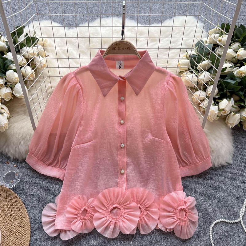 Women's Blouses Summer Sweet Three-Dimensional Flower Polo Collar Gauze Shirt Womens Puff Short Sleeve Fashion Single-Breasted Pink Tops
Women's Blouses Summer Sweet Three-Dimensional Flower Polo Collar Gauze Shirt Womens Puff Short Sleeve Fashion Single-Breasted Pink Tops