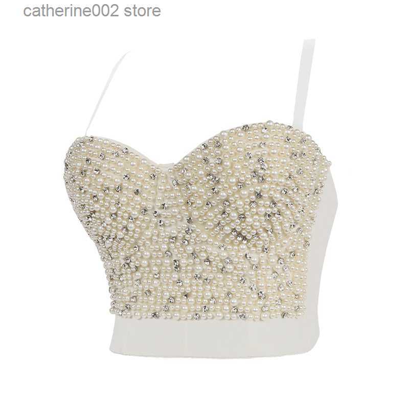 Women's Tanks Camis Women Corset with Rhinestones Pearl Bustier Crop Top Bra Club Party Glitter Cropped Top Female Clothing T230605