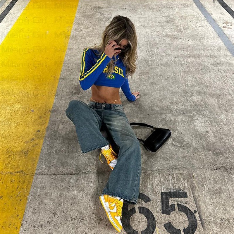 Womens Aesthetic Women Brazil Letter Printing Crop Tops Vintage Streetwear Grunge Baby Tee Long Sleeve T-Shirt Y2k Girls Clothes Emo 230605