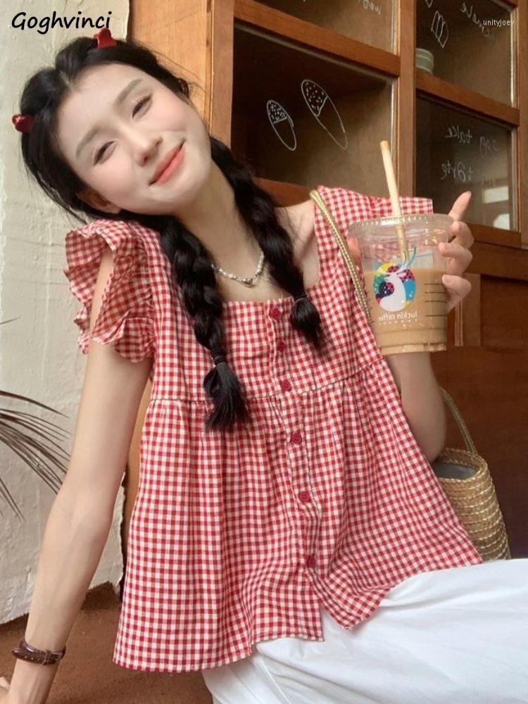 Women' Blouses Plaid Shirts Women Sweet Summer Flying Sleeve Backless Simple All-match Fashion Ulzzang Personality Casual Japanese Style, Red 
Women' Blouses Plaid Shirts Women Sweet Summer Flying Sleeve Backless Simple All-match Fashion Ulzzang Personality Casual Japanese Style, Red