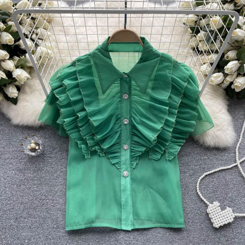 Women's Blouses 2023 Summer Women's Short Sleeve Folds Ruffles Chiffon Shirt Ladies Chic Turn-Down Collar Single-Breasted Loose Tops, Green
Women's Blouses 2023 Summer Women's Short Sleeve Folds Ruffles Chiffon Shirt Ladies Chic Turn-Down Collar Single-Breasted Loose Tops, Green