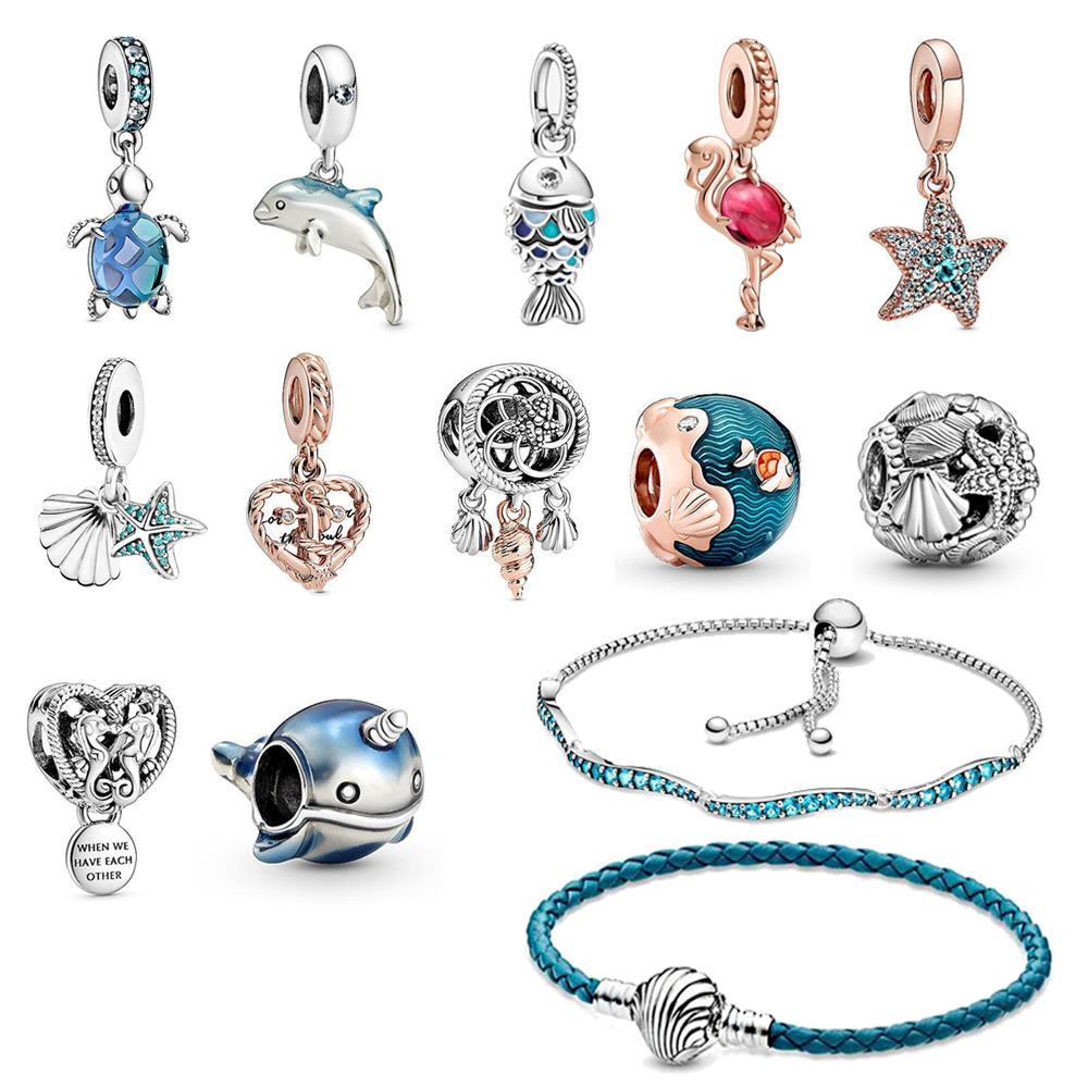 New 925 Sterling Silver Color Ocean Series Flamingo Starfish Shell Charm Fit S925 Snake Bracelet For Women Jewelry Free Delivery