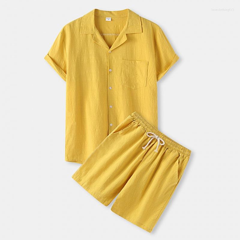 Men's Tracksuits Summer Mens Casual Sets Cotton En Short Sleeve Shorts Two Piece Tracksuit Men Lapel Shirts Breathable Solid Color