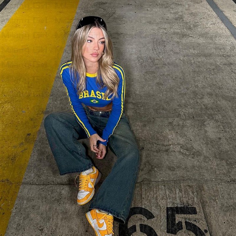 Womens Aesthetic Women Brazil Letter Printing Crop Tops Vintage Streetwear Grunge Baby Tee Long Sleeve T-Shirt Y2k Girls Clothes Emo 230605