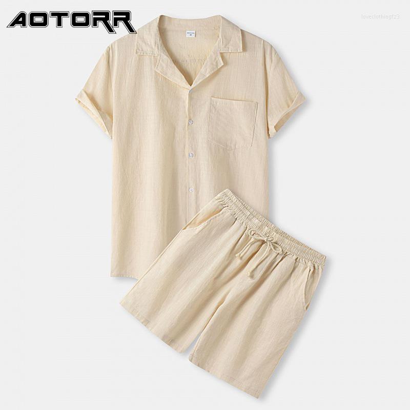 Men's Tracksuits Summer Mens Casual Sets Cotton En Short Sleeve Shorts Two Piece Tracksuit Men Lapel Shirts Breathable Solid Color