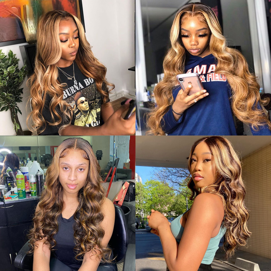 Brazilian Hair Highlight Blonde Lace Front Wig Natural Hairline High Temperature Fiber Body Wave Black /Pink/Blonde /Red Synthetic Lace Frontal Wig Fo