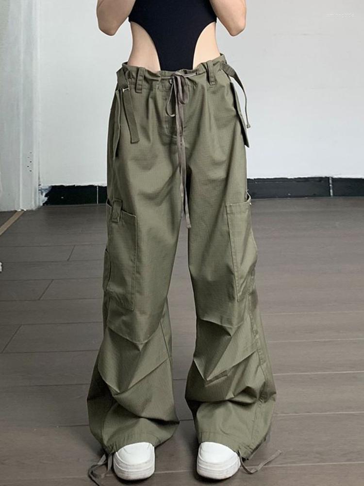 

Women's Pants HOUZHOU Green Parachute Cargo Women Oversized Y2k Streetwear Hip Hop Wide Leg Trousers Vintage Casual Baggy Joggers Female