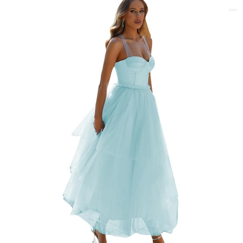 Casual Dresses Womens Sleeveless Empire Waist Mesh Ruffled Tiered Wedding Bridesmaid Long Dress
