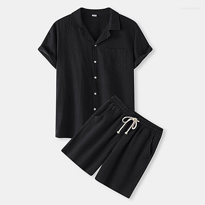 Men's Tracksuits Summer Mens Casual Sets Cotton En Short Sleeve Shorts Two Piece Tracksuit Men Lapel Shirts Breathable Solid Color